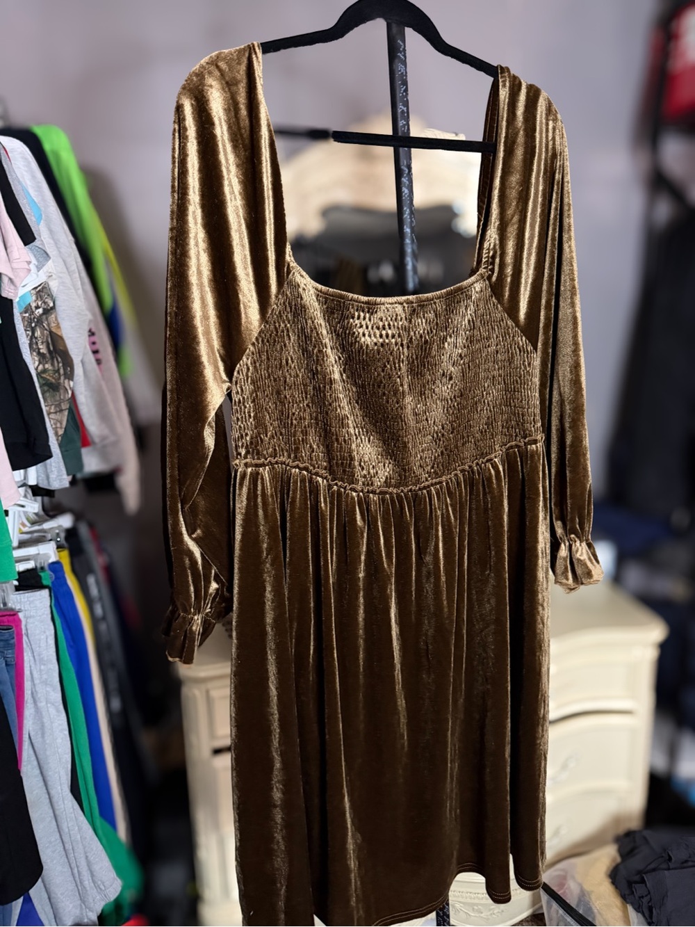 SHEIN Gold Velvet Midi Dress with Smocked Bodice